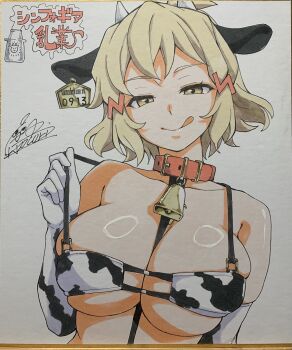 1girl animal_collar animal_ears animal_print bell belt_collar bikini bikini_top_lift breasts brown_eyes brown_hair cleavage closed_mouth clothes_lift collar cototiworld cow_ears cow_horns cow_print cow_print_bikini cow_print_gloves cowbell ear_tag elbow_gloves eyepatch_bikini gloves highres horns large_breasts licking_lips lifting_own_clothes looking_at_viewer medium_hair naughty_face neck_bell photo_(medium) print_bikini print_gloves senki_zesshou_symphogear shiny_skin signature simple_background smile solo swimsuit tachibana_hibiki_(symphogear) tongue tongue_out traditional_media upper_body white_background
