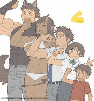 >_< 2girls 3boys :d ^_^ abs animal_ears belt biceps blue_necktie bluesky_username bow bowtie brown_eyes brown_hair closed_eyes commentary covered_abs demon_girl demon_horns demon_tail dog_boy dog_ears dog_tail emoji fang fingerless_gloves flexing gloves green_bow green_bowtie grey_pants grey_skirt height_difference height_lineup highres horns long_pointy_ears multiple_boys multiple_girls muscular muscular_female muscular_male necktie open_mouth original panties pants pointy_ears red_shirt sagami_jon shirt sideburns simple_background size_difference skirt sleeveless sleeveless_turtleneck smile spiked_hair striped_blush stuffed_toy symbol-only_commentary tail turtleneck underwear v veins veiny_arms watermark white_background white_panties wolf_boy wolf_ears wolf_tail wristband