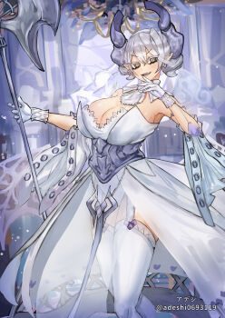1girl absurdres adeshi_(adeshi0693119) bare_shoulders breasts cleavage cowboy_shot demon_girl demon_horns demon_wings dress drill_hair duel_monster earrings garter_straps gloves grey_eyes grey_hair halberd highres holding holding_polearm holding_weapon horns jewelry large_breasts lovely_labrynth_of_the_silver_castle low_wings multiple_wings pointy_ears polearm ringed_eyes solo strapless strapless_dress thighhighs transparent_wings twin_drills weapon white_dress white_gloves white_thighhighs wings yu-gi-oh!