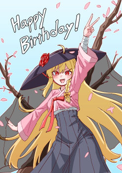 Rule 34 | 1girl, :d, absurdres, ahoge, arm up, bandaged arm, bandages, black hakama, black hat, black skirt, blonde hair, blue background, blush, bow, braid, bright pupils, chobeog, commentary, cowboy shot, english text, fang, flower, hakama, hanbok, happy birthday, hat, hat flower, high-waist skirt, highres, japanese clothes, jingburger, korean clothes, korean commentary, long hair, long sleeves, looking at viewer, open mouth, petals, pink shirt, red bow, red eyes, red flower, red rose, rose, shirt, side braid, skirt, smile, solo, tree, v, very long hair, virtual youtuber, waktaverse, white pupils