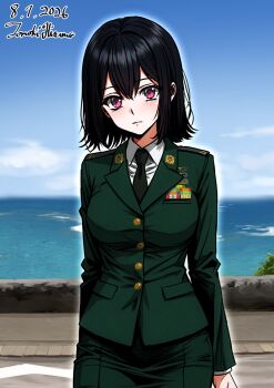 1girl akitsu_maru_(kancolle) artist_name black_hair black_necktie blue_sky cloud collared_shirt cowboy_shot dated day dress_shirt green_jacket green_skirt highres hisama_tomoki horizon jacket kantai_collection looking_at_viewer military_jacket military_uniform necktie ocean outdoors red_eyes shirt short_hair skirt sky solo white_shirt