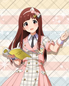 1girl brown_eyes brown_hair dress future_signature_(idolmaster) idolmaster idolmaster_million_live! idolmaster_million_live!_theater_days official_art pink_dress pink_skirt script skirt solo tanaka_kotoha wrist_cuffs