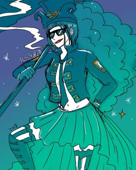 1girl 2018 artist_name artkaolinite91 belo_betty bob_cut boots cigarette commentary english_commentary flag goggles goggles_on_headwear hand_on_own_hip hat hat_feather highres holding holding_flag jacket looking_at_viewer necktie one_piece open_clothes open_jacket red_lips skirt smoke solo sunglasses thighhighs