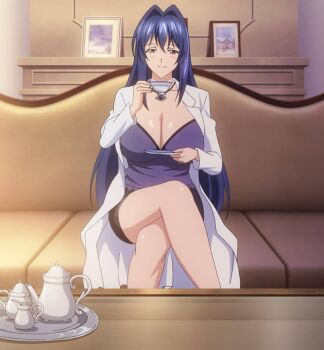 1girl anime_screenshot blue_hair breasts cleavage couch crossed_legs cup female_focus hair_between_eyes hair_intakes huge_breasts jewelry lab_coat long_hair looking_at_viewer maken-ki! maken-ki!_two necklace nijou_aki purple_eyes sitting skirt smile stitched tagme takami_akio tea_set teacup teapot third-party_edit wide_hips