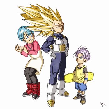 1girl 2boys armor black_pantyhose blonde_hair blue_bodysuit blue_eyes blue_shorts bodysuit boots breastplate bulma closed_eyes dragon_ball dress gloves grey_shirt highres holding holding_skateboard jewelry kakeru_(dbskakeru) multiple_boys necklace pantyhose pink_shirt purple_hair shirt short_hair short_sleeves shorts simple_background skateboard spiked_hair tank_top toriyama_akira_(style) trunks_(dragon_ball) vegeta white_background white_boots white_dress white_gloves yellow_tank_top