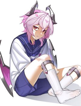 1boy absurdres alternate_costume blue_sailor_collar blue_shorts closed_mouth commentary double-parted_bangs dragon_boy dragon_horns dragon_wings english_commentary fang fang_out full_body genshin_impact hair_between_eyes highres horns looking_at_viewer male_focus mini_durin_(genshin_impact) mini_durin_(human)_(genshin_impact) naomifiction no_shoes purple_hair red_eyes sailor_collar shirt short_hair shorts simple_background sitting socks solo spiked_horns white_background white_shirt white_socks wings