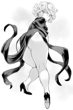 1girl ass ass_focus back black_dress breasts curly_hair dress floating floating_clothes greyscale high_heels highres huge_ass levitation long_sleeves looking_at_viewer mogudan monochrome one-punch_man petite psychic simple_background small_breasts solo tatsumaki telekinesis thick_thighs thighs thong white_background
