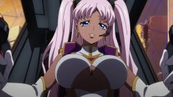 1girl animated anime_screenshot blue_eyes bouncing_breasts breasts catherine_sabathra cleavage clothing_cutout code_geass code_geass:_dakkan_no_roze dark-skinned_female dark_skin earrings highleg highleg_leotard highres hoop_earrings jewelry large_breasts leotard lips pink_hair robot sideboob sound subtitled tagme twintails underboob_cutout vehicle_interior video white_leotard