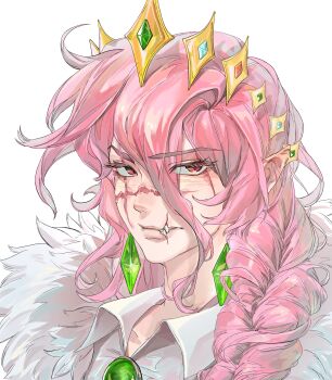 1boy absurdres androgynous animification artist_request bishounen braid brooch chinese_commentary commentary_request commission crown dream_smp earrings eyelashes fur_trim gold_crown hair_between_eyes highres humanization jewelry long_hair looking_at_viewer male_focus minecraft_youtube pink_hair pointed_crown pointy_ears portrait red_eyes scar scar_on_face second-party_source shirt side_braid simple_background slit_pupils solo technoblade teeth white_background white_shirt