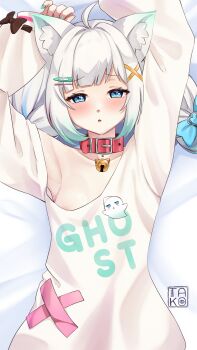 1girl absurdres ahoge animal_ear_fluff animal_ears aqua_eyes aqua_hair aqua_nails armpits arms_up artist_name belt black_bow blue_bow blush bow breasts collar ghost hair_ornament heart highres indie_virtual_youtuber long_hair long_sleeves looking_at_viewer lying mint_fantome multicolored_hair nail_polish on_back oversized_clothes puffy_sleeves shirt signature takoroki virtual_youtuber white_hair x_hair_ornament
