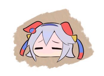 1girl animal_ears blue_hairband chibi closed_eyes ears_down facing_viewer gomashio_(goma_feet) grey_hair hairband head_only horse_ears solo tamamo_cross_(umamusume) umamusume white_background