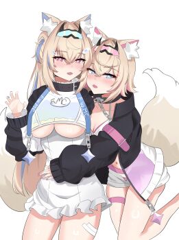 2girls absurdres animal_ear_fluff animal_ears blonde_hair blue_eyes blue_streaks breasts cleavage dog_ears dog_girl dog_tail dress fangs fuwawa_abyssgard highres hololive hololive_english hug large_breasts long_hair looking_at_viewer mococo_abyssgard multicolored_hair multiple_girls open_mouth pink_eyes pink_streaks sasaki_ikuya short_hair shorts siblings sisters skin_fangs small_breasts streaked_hair tail thigh_strap twins two_side_up underboob very_long_hair virtual_youtuber white_background white_dress white_shorts