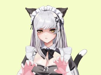animal_ears animated animated_gif apron blush bow bowtie bubblebebe bubblebebe_(artist) cat_ears cat_pose cat_tail indie_virtual_youtuber long_hair maid maid_apron maid_headdress mole mole_under_eye simple_background tail virtual_youtuber white_hair yellow_eyes