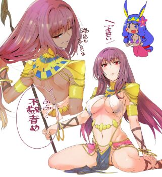 Rule 34 | 2girls, animal ears, backless outfit, bikini, bikini top only, blue eyes, blue hair, bracelet, breasts, chibi, comic, commentary request, cosplay, criss-cross halter, dark-skinned female, dark skin, donkey ears, fate/grand order, fate (series), flower, hair between eyes, hair flower, hair ornament, hairband, halterneck, holding, holding staff, jewelry, large breasts, long hair, looking at viewer, low ponytail, multiple girls, navel, nitocris (fate), one eye closed, pelvic curtain, ponytail, purple hair, red eyes, scathach (fate), scathach (fate/grand order), scathach (swimsuit assassin) (fate), scathach (swimsuit assassin) (fate) (cosplay), shoulder pads, sidelocks, smile, staff, swimsuit, torc, torichamaru, translation request, underboob, usekh collar