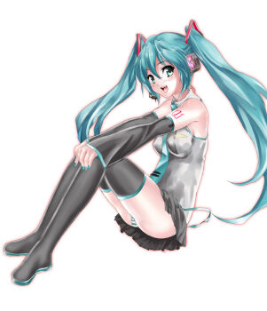 1girl aqua_eyes aqua_hair detached_sleeves female_focus hatsune_miku long_hair nail_polish necktie nimu panties simple_background sitting solo striped_clothes striped_panties thighhighs twintails underwear very_long_hair vocaloid
