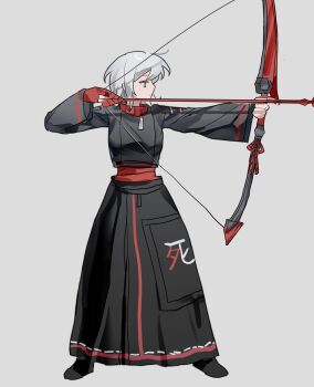 Rule 34 | 1girl, archery shooting glove, arrow (projectile), black jacket, blue eyes, bow (weapon), closed mouth, cropped jacket, drawing bow, faust (project moon), full body, gloves, hashtag-only commentary, highres, holding, holding bow (weapon), holding weapon, jacket, limbus company, lmojn3, looking to the side, partially fingerless gloves, project moon, red gloves, red sweater, shi association east uniform, short hair, simple background, solo, sweater, weapon, white background, white hair