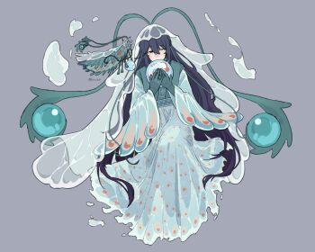 1boy alternate_costume androgynous antennae aqua_eyes artist_name black_eyes black_hair blue_dress chinese_commentary commentary_request dress egg full_body grey_background hair_between_eyes heterochromia highres holding holding_egg hong_lu_(project_moon) limbus_company linnn_ovo long_hair male_focus monster peccatulum_morositatis peccatulum_morositatis_class_3 project_moon simple_background solo twitter_username very_long_hair