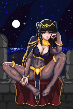 1girl belt black_bodysuit black_bra black_cape black_hair blunt_bangs bodysuit bra breasts calves cape cleavage commentary english_commentary fire_emblem fire_emblem_fates fire_emblem_heroes full_body full_moon gold_belt gold_collar gold_hairband hairband hand_on_own_face hand_up highres large_breasts loam loincloth moon night night_sky nintendo ocean outdoors pink_lips pixel_art purple_eyes shooting_star sky solo stone_wall tharja_(fire_emblem) thighs toes twintails_with_hair_base underwear very_long_cape