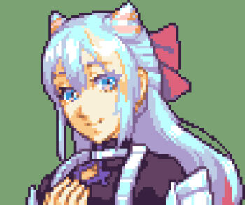 1boy androgynous blue_eyes blue_hair cone_hair_bun drill_hair fire_emblem fire_emblem_engage glaceo hair_bun hair_horns long_hair looking_at_viewer lowres male_focus nintendo pink_hair pixel_art rosado_(fire_emblem) solo trap