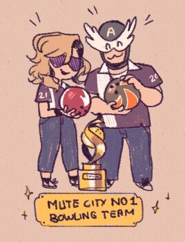 1boy 1girl :3 alternate_costume ball blonde_hair blush bowling_ball brown_background chibi closed_eyes english_text f-zero long_hair mask monkii_(mjooolnina) mrs._arrow nintendo sparkle sunglasses super_arrow trophy