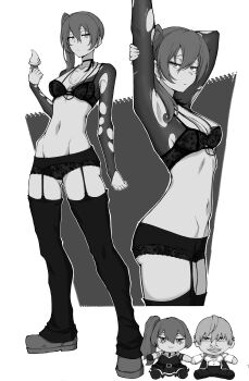 1girl absurdres alternate_costume arm_up armpits bra breasts character_doll choker chudjak commentary doll eyelashes food full_body garter_belt garter_straps glasses greyscale half-closed_eyes highres hip_bones holding holding_ice_cream_cone ice_cream ice_cream_cone jewelry jitome kekel lace lace_bra land_(sousou_no_frieren) light_frown looking_at_viewer medium_breasts monochrome multiple_views navel necklace panties soft_serve sousou_no_frieren stuffed_toy thighs torn_clothes ubel_(sousou_no_frieren) underwear