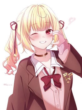 1girl absurdres black_choker blazer blonde_hair blush bow bowtie brown_choker brown_jacket cardigan choker collared_shirt gradient_hair grin hair_ribbon hand_up heart highres hoshikawa_sara hoshikawa_sara_(4th_costume) jacket lapel_pin lapels long_hair long_sleeves looking_at_viewer loose_bowtie multicolored_hair nijisanji notched_lapels one_eye_closed open_clothes open_collar open_jacket pink_cardigan pink_hair rain_re_a red_bow red_bowtie red_eyes red_ribbon ribbon school_uniform shirt smile solo twintails upper_body virtual_youtuber white_background white_shirt