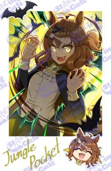 ahoge animal_ears braid breasts brown_hair ear_ornament earrings hair_between_eyes hair_ornament hairclip half_up_braid half_up_half_down_braid horse_ears horse_girl horse_tail jacket jewelry jungle_pocket_(umamusume) long_sleeves looking_at_viewer mouhantain notched_ear open_mouth shirt short_hair single_earring skirt smile tail umamusume umamusume:_beginning_of_a_new_era yellow_eyes