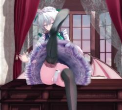 2girls 3d animated arni audible_music bat_wings blowing_kiss blue_eyes blue_hair braid chair crossed_legs dress foreshortening grey_hair hair_between_eyes hat head_tilt heart izayoi_sakuya looking_at_viewer maid mikumikudance_(medium) mob_cap multiple_girls on_chair one_eye_closed panties pantyshot pinafore_dress red_eyes remilia_scarlet seductive_smile short_hair sitting sleeveless sleeveless_dress smile sound spinning thighhighs thighs touhou underwear video white_panties wings wink