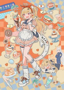 Rule 34 | 1boy, 1girl, ahoge, apron, blush, burger, buttons, cake, chalky (zenless zone zero), cherry, cissia (zenless zone zero), commentary request, crossed arms, cup, disposable cup, donut, double-breasted, dreaming, dress, drinking glass, food, fork, frilled apron, frilled dress, frills, fruit, hairband, heart, highres, holding, holding food, holding ice cream, ice cream, knife, loose socks, multiple views, musical note, one side up, open mouth, parfait, parfait glass, pinstripe dress, pinstripe pattern, pudding, puffy short sleeves, puffy sleeves, red eyes, red hairband, severian lowell, shiro chan46, shoelaces, shoes, short sleeves, snake girl, snake tail, socks, spoken heart, spoken musical note, spoken star, star (symbol), strawberry cake, striped clothes, striped dress, tail, thigh strap, vertical-striped clothes, vertical-striped dress, wavy mouth, white apron, white socks, white wrist cuffs, wrist cuffs, yellow eyes, zenless zone zero