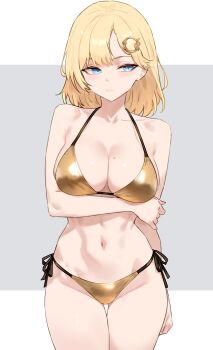 1girl absurdres alternate_costume arm_under_breasts bare_shoulders bikini blonde_hair blue_eyes bluefield blush breasts cleavage closed_mouth collarbone cowboy_shot gold_bikini golden_week hair_ornament hand_on_own_arm highres holding_own_arm hololive hololive_english large_breasts looking_to_the_side mole mole_on_breast navel shiny_swimsuit short_hair side-tie_bikini_bottom simple_background solo stomach swimsuit thigh_gap virtual_youtuber watson_amelia white_background