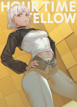 1girl black_choker black_shrug blunt_bangs breasts choker commentary_request contrapposto dutch_angle english_text grey_hair grey_pants hand_on_own_hip highres hololive hololive_dev_is looking_at_viewer midriff mikel_(4hands) multicolored_hair navel pants parted_lips purple_eyes purple_hair shirt short_hair shrug_(clothing) small_breasts solo standing streaked_hair todoroki_hajime virtual_youtuber white_shirt