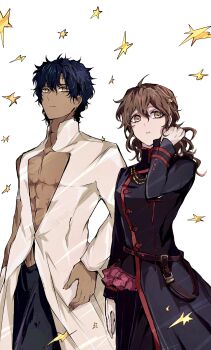 1boy 1girl abs absurdres ahoge armband badge bare_pectorals belt black_coat black_hair black_order_uniform black_pants brown_eyes brown_hair buttons chain coat collared_coat collared_shirt cross d.gray-man dark-skinned_male dark_skin earrings facial_mark falling_leaves floating_hair forehead_mark gloves gold_chain hair_between_eyes hand_in_own_hair highres hoop_earrings jewelry leaf long_coat long_shirt long_sleeves looking_at_viewer looking_to_the_side mandarin_collar medium_hair messy_hair military military_uniform miniskirt miranda_lotto mole mole_under_eye neck_tattoo noah_(d.gray-man) pants parted_lips pectoral_cleavage pectorals pink_skirt pleated_skirt scar scar_on_chest shirt short_hair sidelocks single_bare_shoulder single_sleeve skirt sodamachi striped_coat tattoo tyki_mikk vertical-striped_coat wavy_hair white_armband white_background white_gloves white_shirt yellow_eyes yellow_leaves