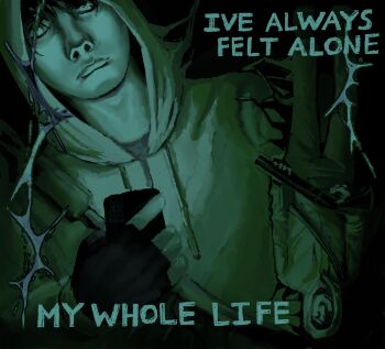 2boys 72izzu72 bag black_gloves black_hair censored censored_identity closed_eyes commentary cry_of_fear dim_lighting dual_persona english_commentary english_text fingerless_gloves gloves green_theme grey_hoodie grey_shirt gun highres holding holding_gun holding_phone holding_weapon hood hood_up hoodie male_focus multiple_boys phone shirt short_hair shoulder_bag simon_henriksson simon_henriksson_(book) source_quote upside-down weapon