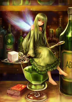 1girl absente absinthe alcohol arms_at_sides bare_shoulders barefoot bottle box counter cup detached_sleeves dress drinking_glass energy_wings fairy female_focus foot_dangle frilled_dress frills full_body green_dress green_hair green_nails head_tilt karasuba_yomi liquor long_hair long_sleeves looking_at_viewer matches mini_person minigirl nail_polish original personification red_eyes shelf sitting sleeves_past_wrists smile solo spoon sugar_cube toenail_polish toenails tsurime