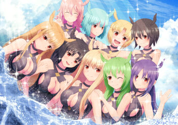 6+girls :d akagi_iruka bare_shoulders black_choker black_hair black_one-piece_swimsuit blonde_hair blue_hair blue_sky blush breasts choker cleavage cleavage_cutout closed_eyes clothing_cutout commentary_request day fate/grand_order fate_(series) geirskogul_(fate) green_hair hand_on_another&#039;s_shoulder head_wings highres hildr_(fate) hildr_(swimsuit_assassin)_(fate) large_breasts light_blue_hair long_hair looking_at_viewer multiple_girls ocean olrun_(fate) one-piece_swimsuit one_eye_closed open_mouth ortlinde_(fate) ortlinde_(swimsuit_assassin)_(fate) outdoors partially_submerged pink_hair purple_hair red_eyes rindr_(fate) short_hair sky smile sparkle swimsuit thrud_(fate) thrud_(swimsuit_assassin)_(fate) upper_body v valkyrie_(fate) water wings