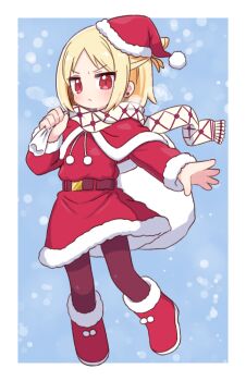 Rule 34 | 1girl, 7th dragon, 7th dragon (series), blonde hair, boots, capelet, closed mouth, commentary request, dress, emel (7th dragon), full body, fur-trimmed dress, fur-trimmed headwear, fur trim, hat, highres, holding, holding sack, long sleeves, naga u, pantyhose, parted bangs, red dress, red eyes, sack, santa costume, santa hat, scarf, solo, v-shaped eyebrows