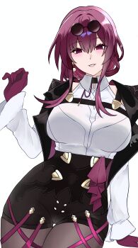 1girl absurdres black-framed_eyewear black_choker black_jacket black_shorts breasts choker clothing_cutout collared_shirt commentary_request cowboy_shot earrings empty_eyes eyewear_on_head gloves grey_pantyhose hand_up high-waist_shorts highres honkai:_star_rail honkai_(series) jacket jewelry kafka_(honkai:_star_rail) lapels large_breasts long_hair long_sleeves looking_at_viewer open_clothes open_jacket pantyhose pearl_earrings puffy_long_sleeves puffy_sleeves purple_eyes purple_gloves purple_hair rie_(pixiv_75089811) round_eyewear shirt shorts shoulder_cutout sidelocks simple_background single_earring smile solo spider_web_print standing sunglasses teeth white_background white_shirt