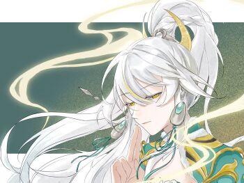 1girl chinese_clothes chinese_commentary closed_mouth commentary_request crescent crescent_hair_ornament dress earrings genshin_impact glowing green_background hair_between_eyes hair_flowing_over hair_ornament hand_up high_ponytail highres jewelry looking_at_viewer looking_to_the_side multicolored_eyes multicolored_hair ponytail shade smoke smoke_trail solo standing streaked_hair upper_body yellow_eyes yet75 zibai_(genshin_impact)