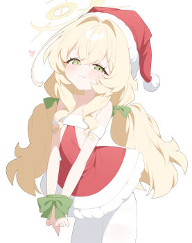 1girl :3 absurdres blonde_hair blue_archive blush bound bound_wrists bow closed_mouth cowboy_shot dress flat_chest green_bow green_eyes hair_bow halo hat heart highres honi_(honi1010) long_hair pantyhose professor_niyaniya_(blue_archive) red_dress santa_hat simple_background smile solo white_background white_pantyhose yellow_halo