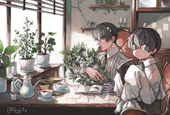 6+boys absurdres ahoge black_eyes black_hair book cake_stand candle candlestand chair coffee_pot collared_shirt commentary crack cracked_wall cradling cup disposable_cup fatalbug896 flower flower_pot hair_between_eyes hair_flower hair_ornament highres holding holding_book holding_plant indoors leaf long_sleeves looking_at_another looking_at_viewer male_focus mini_person miniboy multiple_boys multiple_persona open_book original parted_lips plant potted_plant reading shelf shirt short_hair signature sitting smile symbol-only_commentary table teacup tied_sleeves upper_body white_flower white_shirt window window_blinds