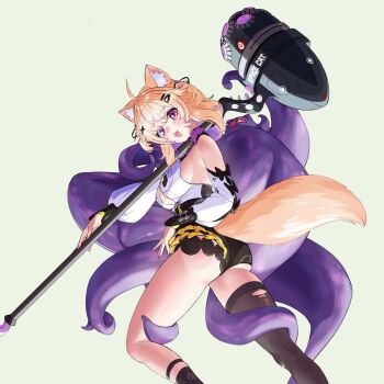 1girl ahoge alheitrakzoth animal_ear_fluff animal_ears asymmetrical_shorts black_shorts blonde_hair breasts cat_ears cat_girl cat_tail colored_inner_hair commentary cosplay detached_sleeves english_commentary facial_mark fueppu hammer high-waist_shorts holding holding_hammer indie_virtual_youtuber looking_at_viewer medium_breasts medium_hair multicolored_hair open_mouth purple_eyes purple_hair red_eyes second-party_source shirt shorts shyrei_faolan single_thighhigh tail tentacles thighhighs torn_clothes torn_thighhighs virtual_youtuber war_hammer weapon whisker_markings white_shirt yidhari_murphy yidhari_murphy_(cosplay) zenless_zone_zero