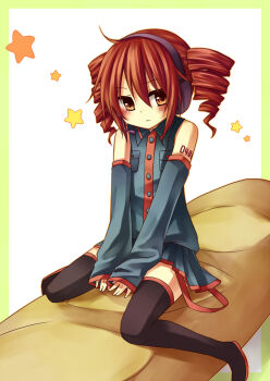 1girl baguette blush boots bread bug detached_sleeves drill_hair fly food headphones highres insect kasane_teto red_eyes red_hair sitting sitting_on_object skirt star_(symbol) thighhighs twin_drills utau