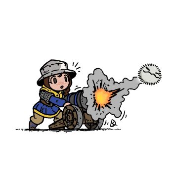 1girl :o absurdres age_of_empires_(series) age_of_empires_ii armor belt blush bombard_cannon_(age_of_empires_ii) brown_belt brown_hair brown_pants brown_shoes cannon chainmail helmet highres kabewski long_hair long_sleeves pants shoes simple_background solo standing white_background