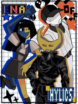 Rule 34 | 1girl, 2boys, arm up, baseball cap, baseball uniform, belt, black belt, black dress, black eyes, black hair, black jacket, black pants, blunt bangs, blunt ends, clenched teeth, collared jacket, copyright name, crescent, dress, ena (ena), ena (series), ena (species), grid background, hat, hylics, inset border, jacket, looking to the side, matsutsu1105, medium sideburns, multiple boys, object head, off (game), open mouth, pants, popped collar, school uniform, shirt tucked in, short hair, sideburns, sideless glance, sportswear, standing, standing on one leg, teeth, the batter (off), wayne (hylics), wing collar