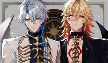 2boys 380_miyao alternate_costume antenna_hair black_collar black_jacket black_shirt blonde_hair blue_eyes braid chest_tattoo collar facial_tattoo gradient_hair highres honkai:_star_rail honkai_(series) jacket male_focus medium_hair multicolored_hair multiple_boys mydei_(honkai:_star_rail) open_clothes open_jacket parted_bangs phainon_(honkai:_star_rail) red_hair red_tattoo shirt short_hair side_braid tattoo white_hair white_jacket yellow_eyes