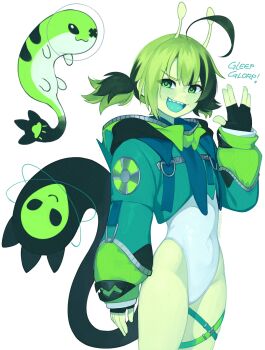 1girl \// adapted_costume adversarial_noise alien alternate_color alternate_skin_color antennae black_gloves blue_tongue colored_tongue cropped_hoodie fingerless_gloves fishbowl_helmet gigi_murin gigi_murin_(1st_costume) glorp gloves green_eyes green_hair green_hoodie green_skirt grem_(gigi_murin) highleg highleg_leotard highres hololive hololive_english hood hoodie leotard multicolored_hair sharp_teeth simple_background skirt tail teeth twintails two-tone_hair virtual_youtuber white_background white_leotard yoako