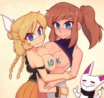 2girls a_hat_in_time aged_up alternate_costume artist_self-insert bare_shoulders blonde_hair blue_eyes blush breast_press breasts brown_hair commentary english_commentary extra_arms fangs hat_kid highres milestone_celebration multiple_girls nelly_(xyronii) no_bra orange_skirt original paint_on_body paintbrush pointy_ears ponytail shirt sidelocks simple_background skirt smile symmetrical_docking thumbs_up xyronii yuri