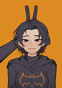 1girl batgirl batman_(series) black_cape black_eyes black_gloves black_hair cape cassandra_cain closed_mouth dc_comics gloves highres lips looking_at_viewer pink_lips short_hair simple_background smile superhero_costume thirstyradio666 yellow_background