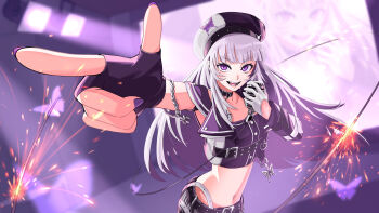Rule 34 | 1girl, asymmetrical gloves, belt, belt buckle, beret, black belt, black choker, black hat, black jacket, blunt bangs, buckle, butterfly ornament, choker, commentary request, cowboy shot, cropped jacket, finger gun, fingerless gloves, fingernails, gloves, hat, highres, holding, holding microphone, itsumeee3, jacket, long hair, looking at viewer, microphone, mismatched gloves, mole, mole under eye, music, nail polish, navel, open mouth, purple background, purple eyes, purple hair, purple nails, rk music, singing, single fingerless glove, single sleeve, smile, solo, sparks, virtual youtuber, white gloves, xiden