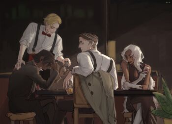 1girl 3boys :d alcohol almond_cookie arm_rest bar_(place) bare_shoulders black_coat black_pants blonde_hair blue_eyes bow bowtie brown_coat brown_dress brown_eyes brown_hair chair cleavage_cutout closed_eyes clothing_cutout coat cocktail_glass collared_shirt comb_over cookie_run cookie_run:_kingdom cup dark-skinned_female dark-skinned_male dark_skin deerwhisky dress drinking_glass drunk elbow_gloves espresso_cookie expressionless glasses gloves hand_on_another's_back hand_on_own_head highres holding holding_cup holding_removed_eyewear humanization indoors latte_cookie long_dress long_hair long_sleeves looking_at_another looking_at_viewer looking_back looking_to_the_side mature_male missing_headwear multicolored_hair multiple_boys necktie open_mouth pants parted_bangs parted_lips pink_necktie plant potted_plant red_bow red_bowtie red_wine round_eyewear shirt short_hair side_slit sideways_glance sitting sleeveless sleeveless_dress sleeves_rolled_up smile sparkling_cookie standing stool streaked_hair suspenders table thighhighs traditional_bowtie undercut unworn_coat unworn_eyewear very_long_hair whiskey white_gloves white_hair white_shirt white_thighhighs wine wine_glass wrinkled_skin
